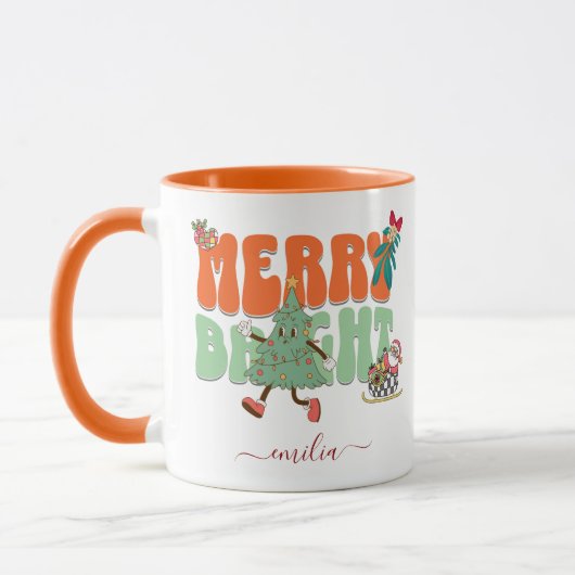Oranje Retro Merry Bright Aangepaste naam Kerst Mok (Links)