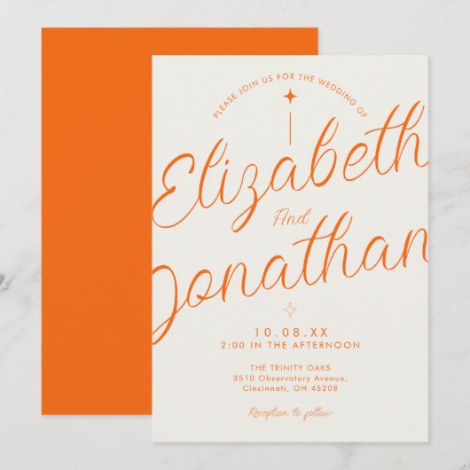 Oranje Retro Modern Script Vet Bruiloft Kaart (Voorkant / Achterkant)