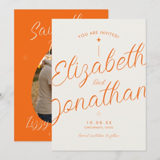 Oranje Retro Moderne Vet Script Foto Huwelijk Save The Date (Voorkant / Achterkant)