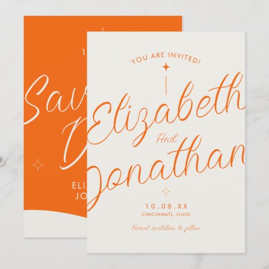 Oranje Retro Moderne Vet Script Trouwdag Save The Date (Voorkant / Achterkant)
