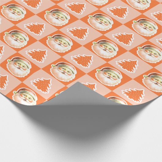Oranje Retro Santa Claus Kerstboom Plaid Cadeaupapier (Hoek)