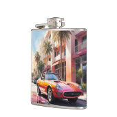 Oranje retro sportwagen op je broekzak heupfles (Links)