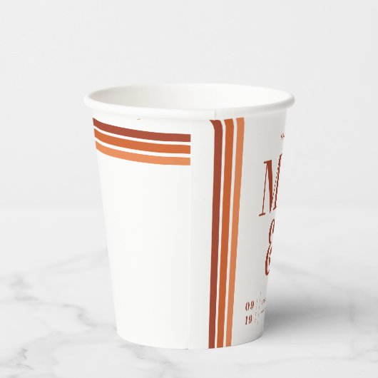 Oranje retro-zeven stripes | Weddenschapsmonogram Papieren Bekers (Rechts)