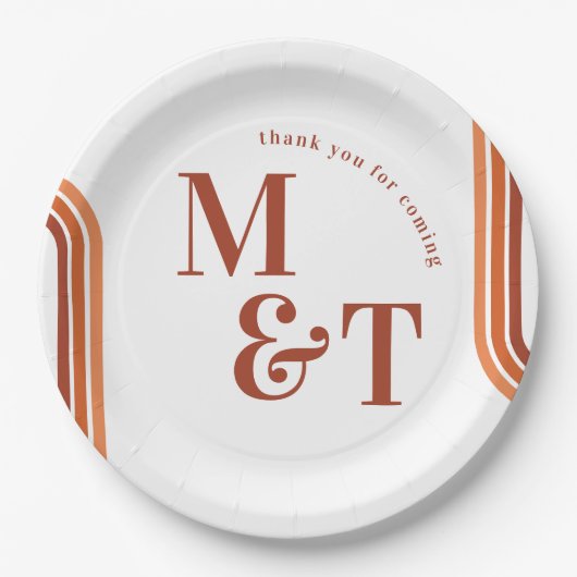Oranje retro-zeven stripes | Weddenschapsmonogram Papieren Bordje (Voorkant)