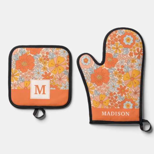 Oranje retrorventilator ovenwant & pannenlap set (Voorkant)