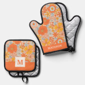 Oranje retrorventilator ovenwant & pannenlap set (Voorkant / Achterkant)