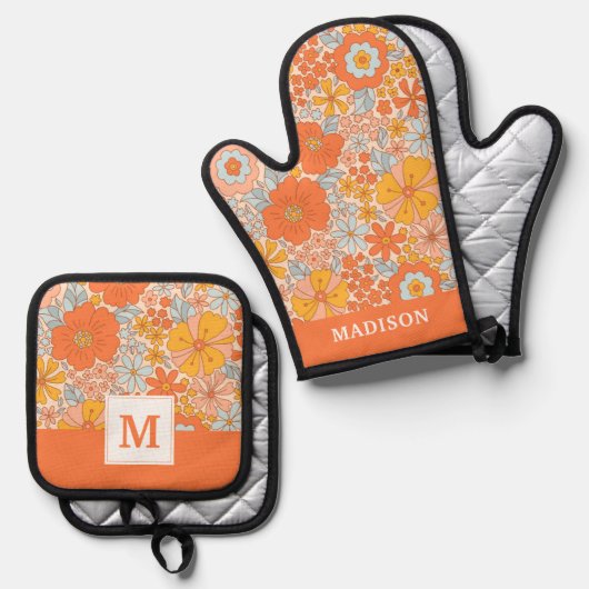 Oranje retrorventilator ovenwant & pannenlap set (Voorkant / Achterkant)