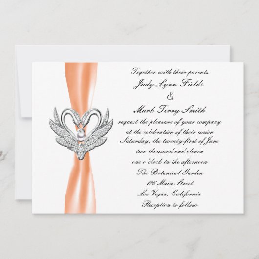 Oranje ribbon Silver Swans Uitnodiging (Voorkant)