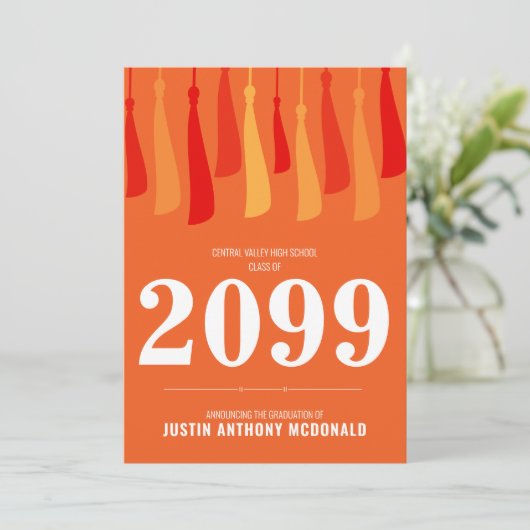 Oranje rij Tassels Foto Afstuderen Uitnodiging (Staand voorkant)