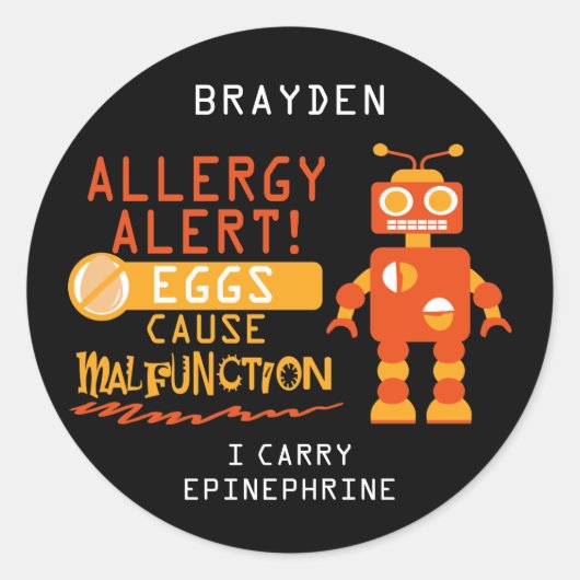 Oranje Robot Egg Allergy Alert Persoonlijk Ronde Sticker (Voorkant)
