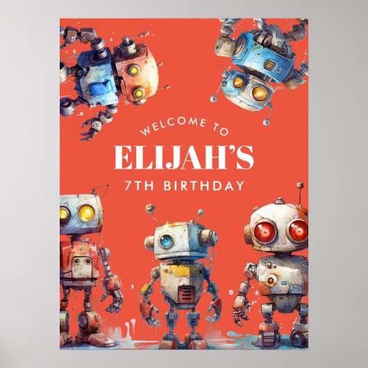 Oranje Robot Tech Gear Builder Verjaardagsfeestbor Poster (Voorkant)