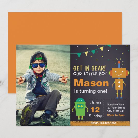 Oranje Robot Verjaardagsuitnodiging met foto Kaart (Voorkant / Achterkant)