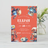 Oranje Robots Tech Gear Builder Verjaardagsfeest Kaart (Staand voorkant)