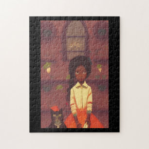 Oranje robots voor bruin meisje en katten legpuzzel