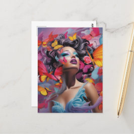 Oranje rode & blauwe vlinder fantasie vrouw briefkaart