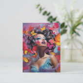 Oranje rode & blauwe vlinder fantasie vrouw briefkaart (Staand voorkant)