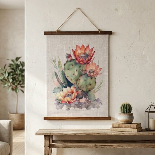 Oranje/Rode Bloeiende Cactus  Hangend Wandkleed