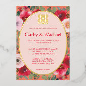 Oranje rode bloem Chinese bruiloft Folie Uitnodiging (Voorkant)