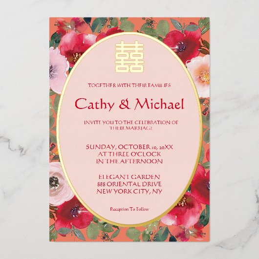 Oranje rode bloem Chinese bruiloft Folie Uitnodiging (Voorkant)