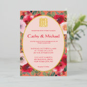 Oranje rode bloem Chinese bruiloft Folie Uitnodiging (Staand Voorkant)