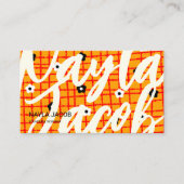 Oranje Rode Bloemen Check Patroon QR Code Handgema Visitekaartje (Voorkant)