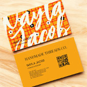 Oranje Rode Bloemen Check Patroon QR Code Handgema Visitekaartje