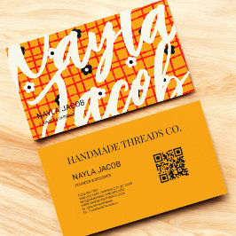 Oranje Rode Bloemen Check Patroon QR Code Handgema Visitekaartje