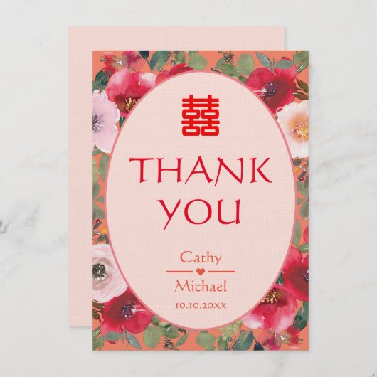 Oranje rode bloemen Chinese bruiloft Bedankkaart (Voorkant / Achterkant)