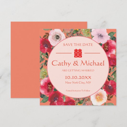 Oranje rode bloemen Chinese bruiloft Save The Date (Voorkant / Achterkant)