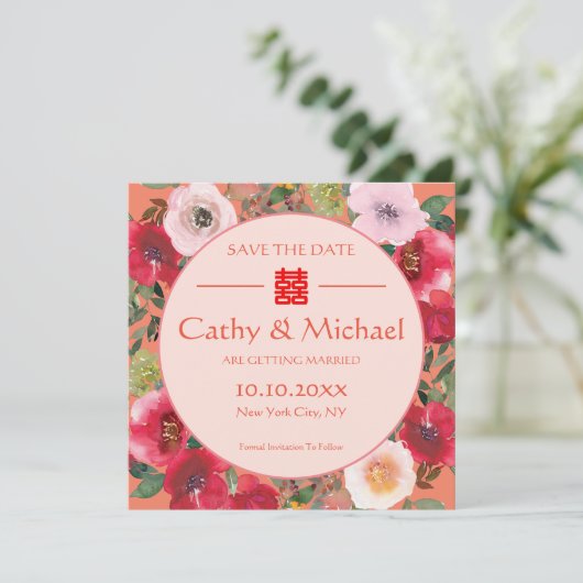 Oranje rode bloemen Chinese bruiloft Save The Date (Staand voorkant)