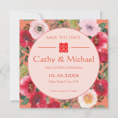 Oranje rode bloemen Chinese bruiloft Save The Date (Voorkant)