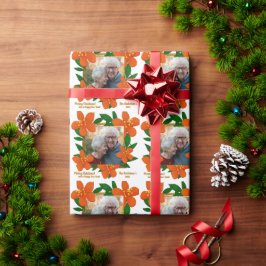 Oranje Rode Bloemen Goud Ingelijste Foto Kerst Cadeaupapier