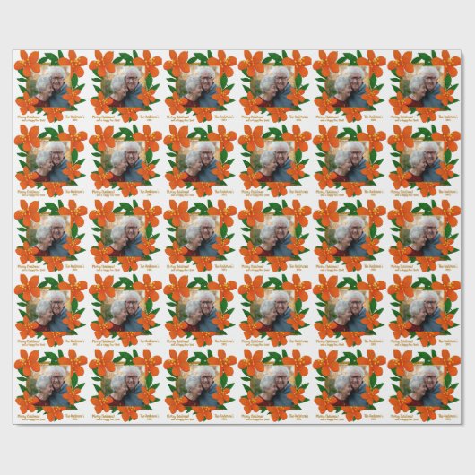 Oranje Rode Bloemen Goud Ingelijste Foto Kerst Cadeaupapier (Vlak)
