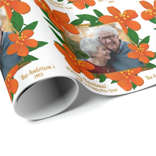 Oranje Rode Bloemen Goud Ingelijste Foto Kerst Cadeaupapier (Rol Hoek)