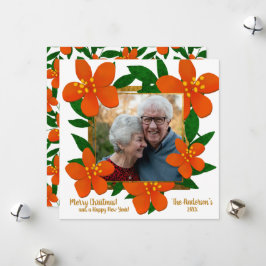 Oranje Rode Bloemen Goud Lijst Foto Kerst Feestdagenkaart