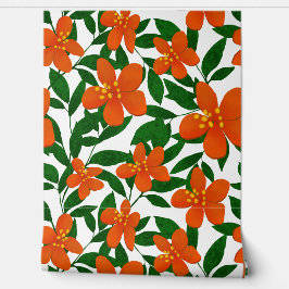 Oranje Rode Bloemen Groene Botanicals Patroon Behang
