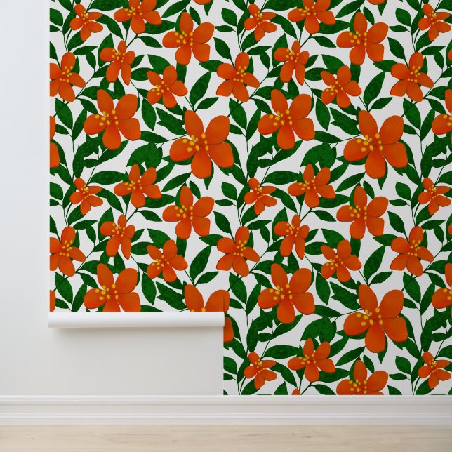Oranje Rode Bloemen Groene Botanicals Patroon Behang (Applicatie)