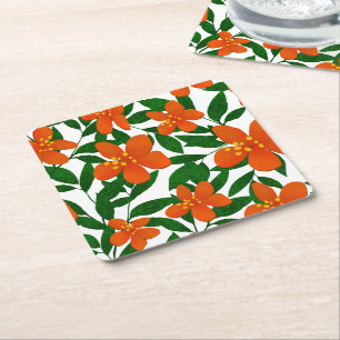 Oranje Rode Bloemen Groene Botanicals Patroon Kartonnen Onderzetters