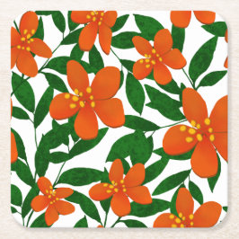 Oranje Rode Bloemen Groene Botanicals Patroon Kartonnen Onderzetters