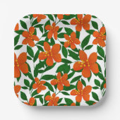 Oranje Rode Bloemen Groene Botanicals Patroon Papieren Bordje (Voorkant)
