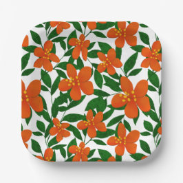 Oranje Rode Bloemen Groene Botanicals Patroon Papieren Bordje