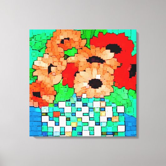 Oranje rode bloemen Pixel Art verpakt canvas Afdruk (Voorkant)
