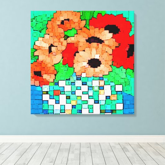 Oranje rode bloemen Pixel Art verpakt canvas Afdruk (Insitu (Houten vloer))