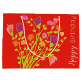 Oranje rode bloemrijke Happy Birthday Gift Bag Groot Cadeauzakje (Achterkant)