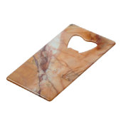 Oranje rode en witte geveineerde marmer creditkaart flessenopener (Voorkant Gekanteld)