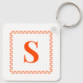 Oranje rode en witte Preppy Square Border Monogram Sleutelhanger (Achterkant)