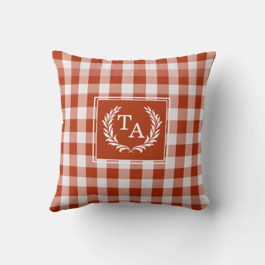 Oranje-rode Gingham Monogram Wapenschild Kussen (Achterkant)