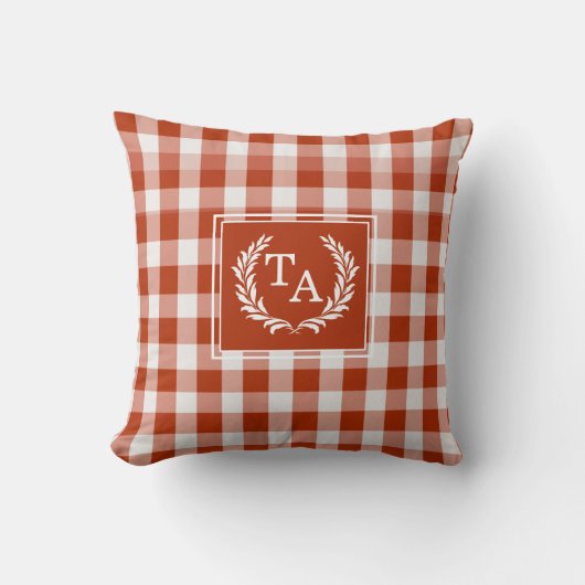 Oranje-rode Gingham Monogram Wapenschild Kussen (Voorkant)