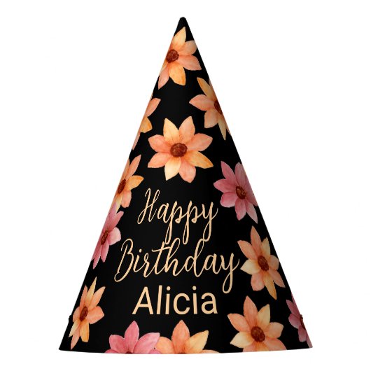 Oranje rode herfstbloem zwart Verjaardag Feesthoedjes (Voorkant)