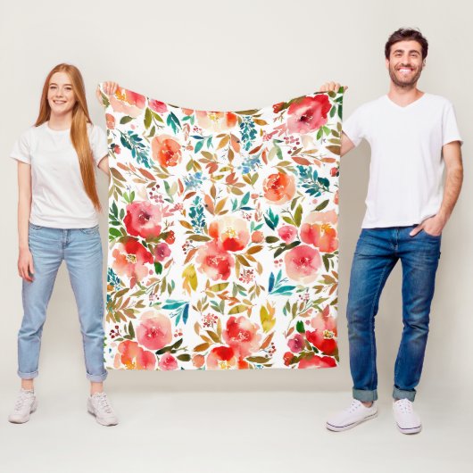 Oranje rode kleurrijke roos bloemenzomer fleece deken (In situ)